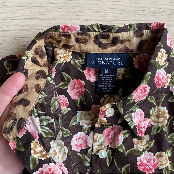 Jones New York Signature Blouse, 100% Cotton, Floral, Brown/Pink, Women's (US M) - Picture 7 of 10